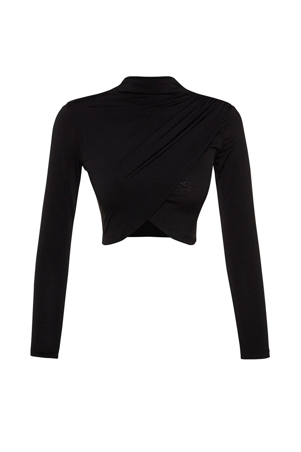 Siyah Dik Yaka Drapeli Crop Bluz - siyah - Görsel 3