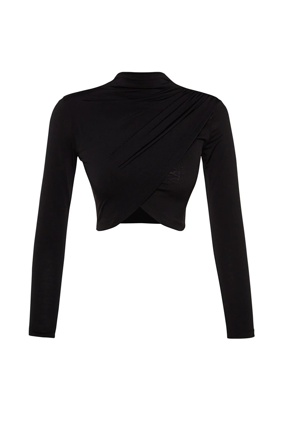Siyah Dik Yaka Drapeli Crop Bluz - siyah - Görsel 3