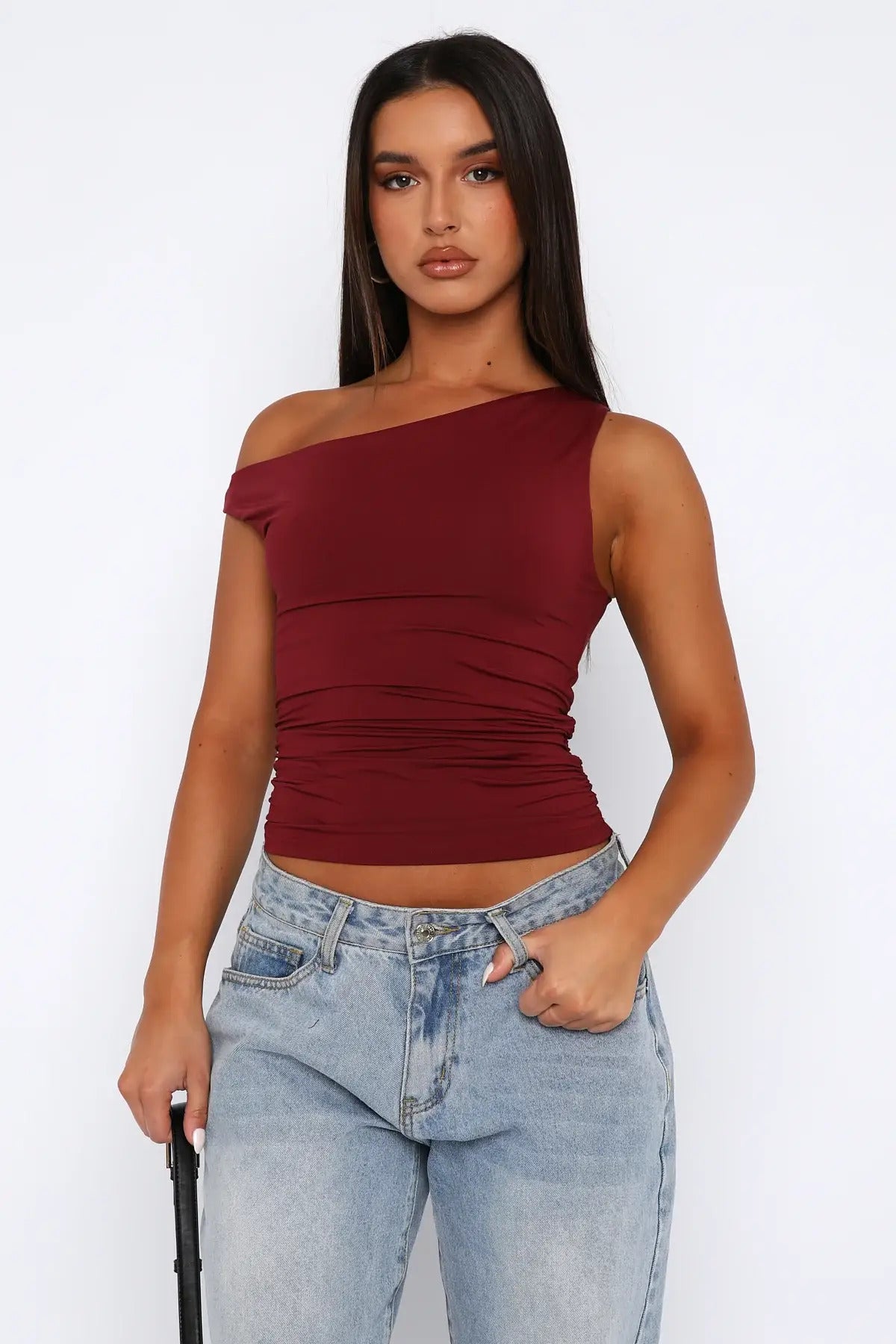 Düşük Omuz Esnek Crop Bluz - Bordo - Görsel 5