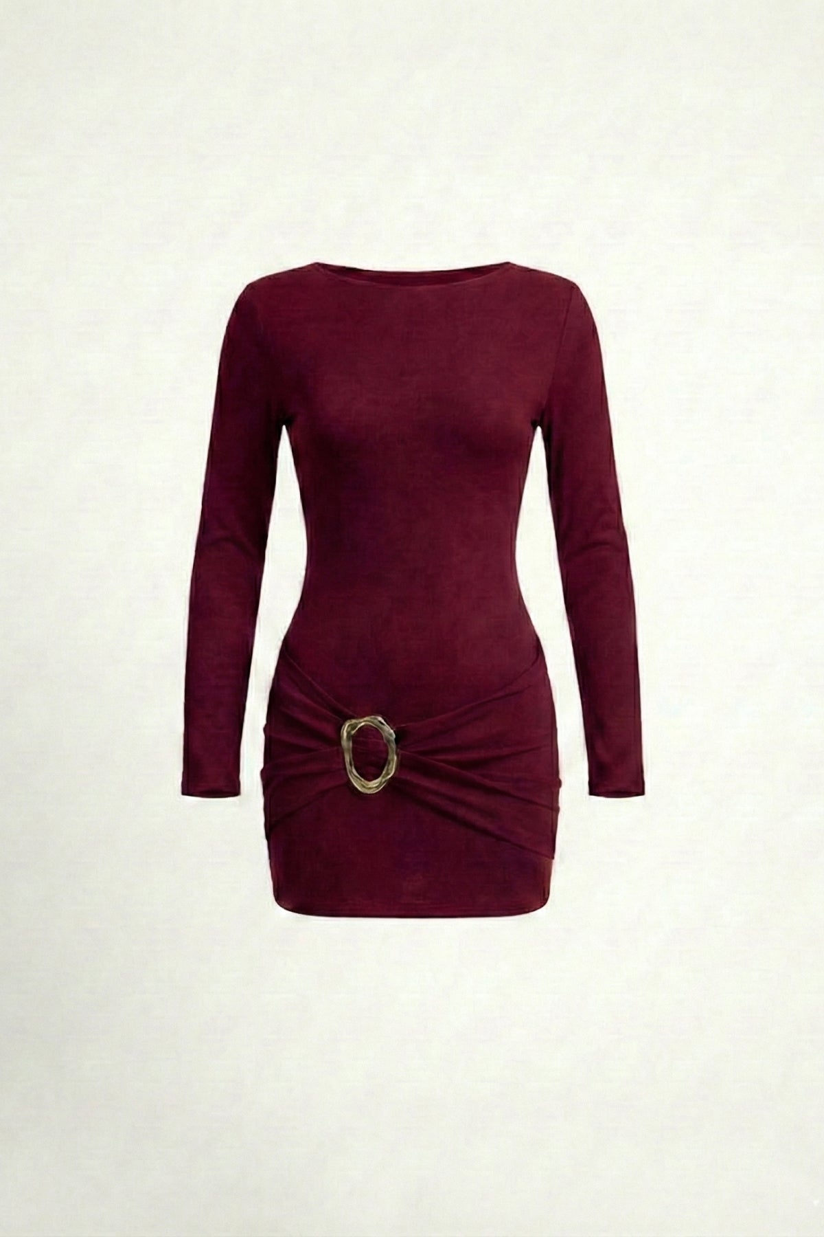 Bisiklet Yaka Toka Detaylı Mini Tasarım Elbise - Bordo - Görsel 2