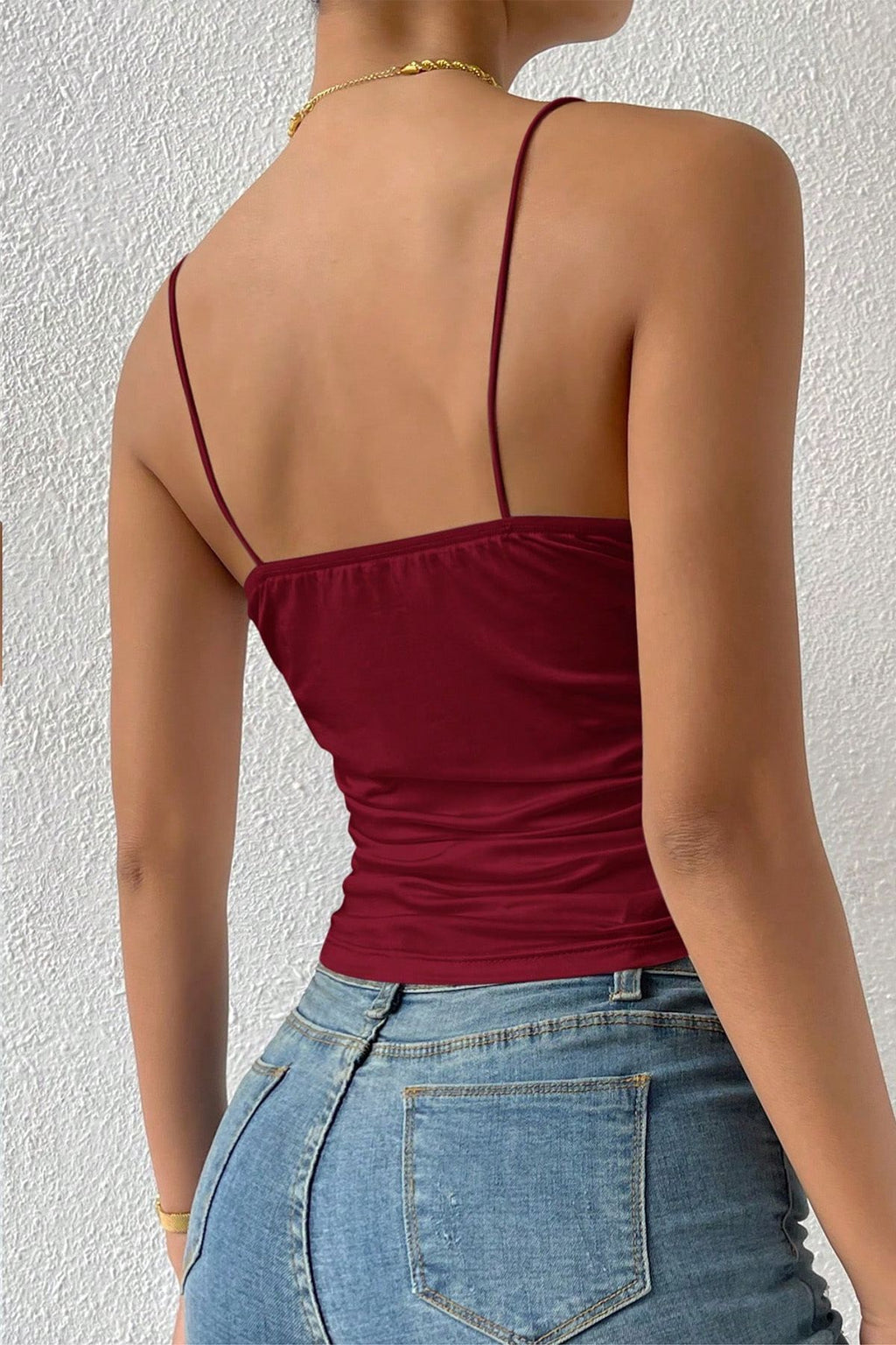 Kolsuz Askılı Degaje Yaka Bluz Crop - Bordo - Görsel 4