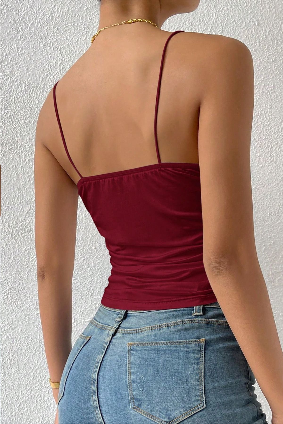 Kolsuz Askılı Degaje Yaka Bluz Crop - Bordo - Görsel 4