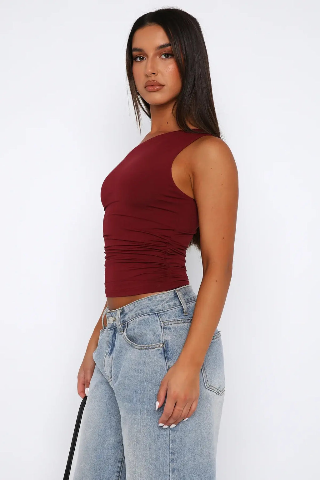 Düşük Omuz Esnek Crop Bluz - Bordo - Görsel 4