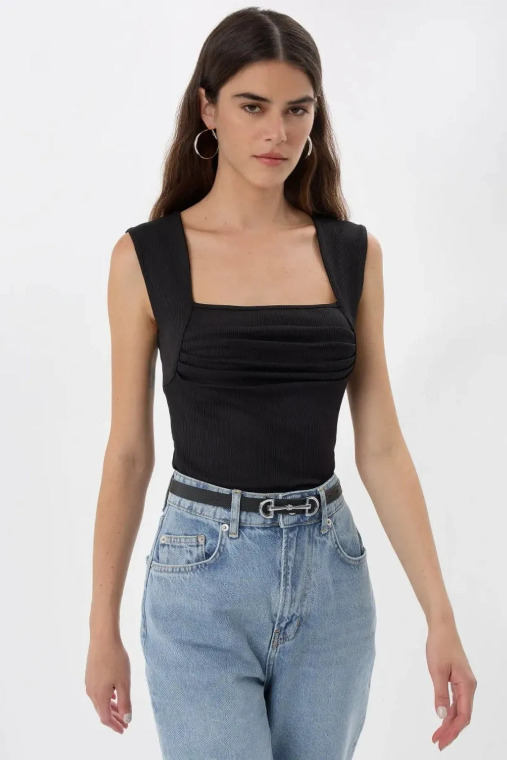 6058 Fitilli Askılı Büzgülü Crop Top - Siyah - Görsel 2