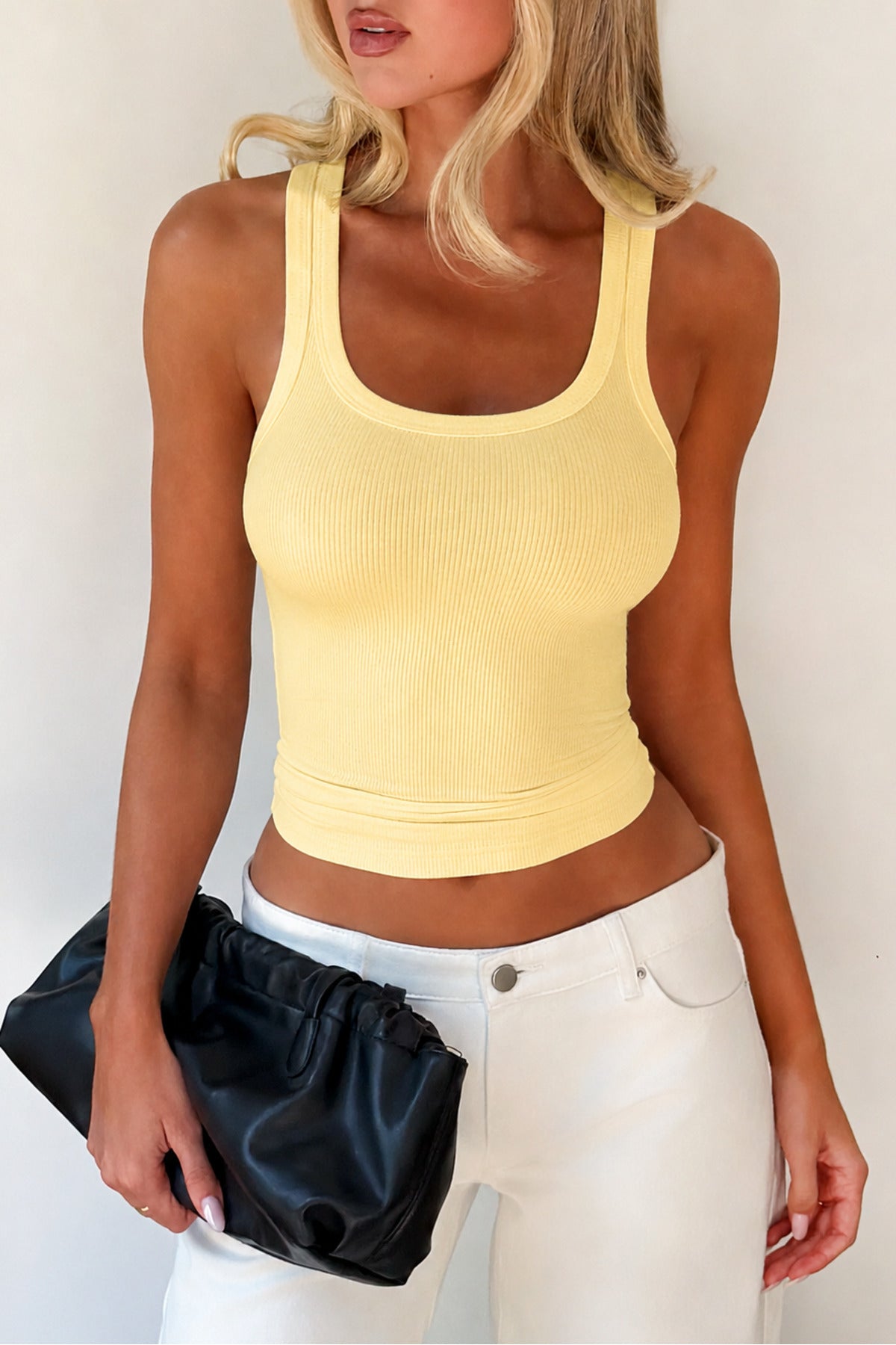 %100 PAMUK FİTİLLİ ESNEK CROP TOP BLUZ - Tereyağ Sarısı - Görsel 2
