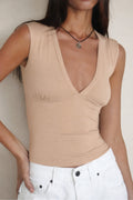 V Yaka Esnek Crop Top Bluz WFT8070B - Bej - Görsel 1