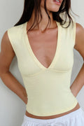 V Yaka Esnek Crop Top Bluz WFT8070B - Tereyağ Sarısı - Görsel 1