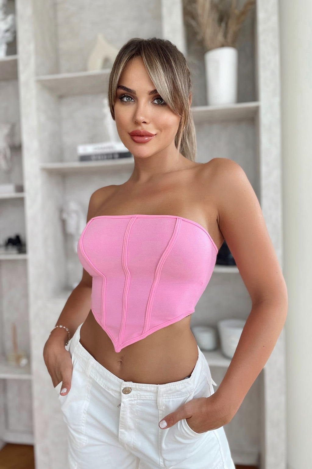 1820 Straplez Fermuar Detaylı Crop - Pembe - Görsel 2