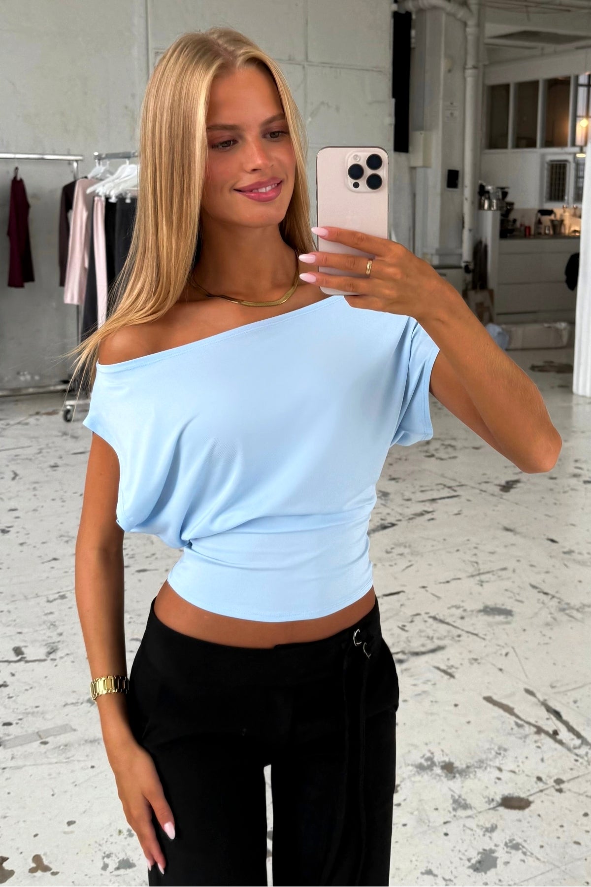 Ultra Soft Premium Kumaş Bele Oturan ESNEK Crop Top Bluz - Bebe Mavi - Görsel 2