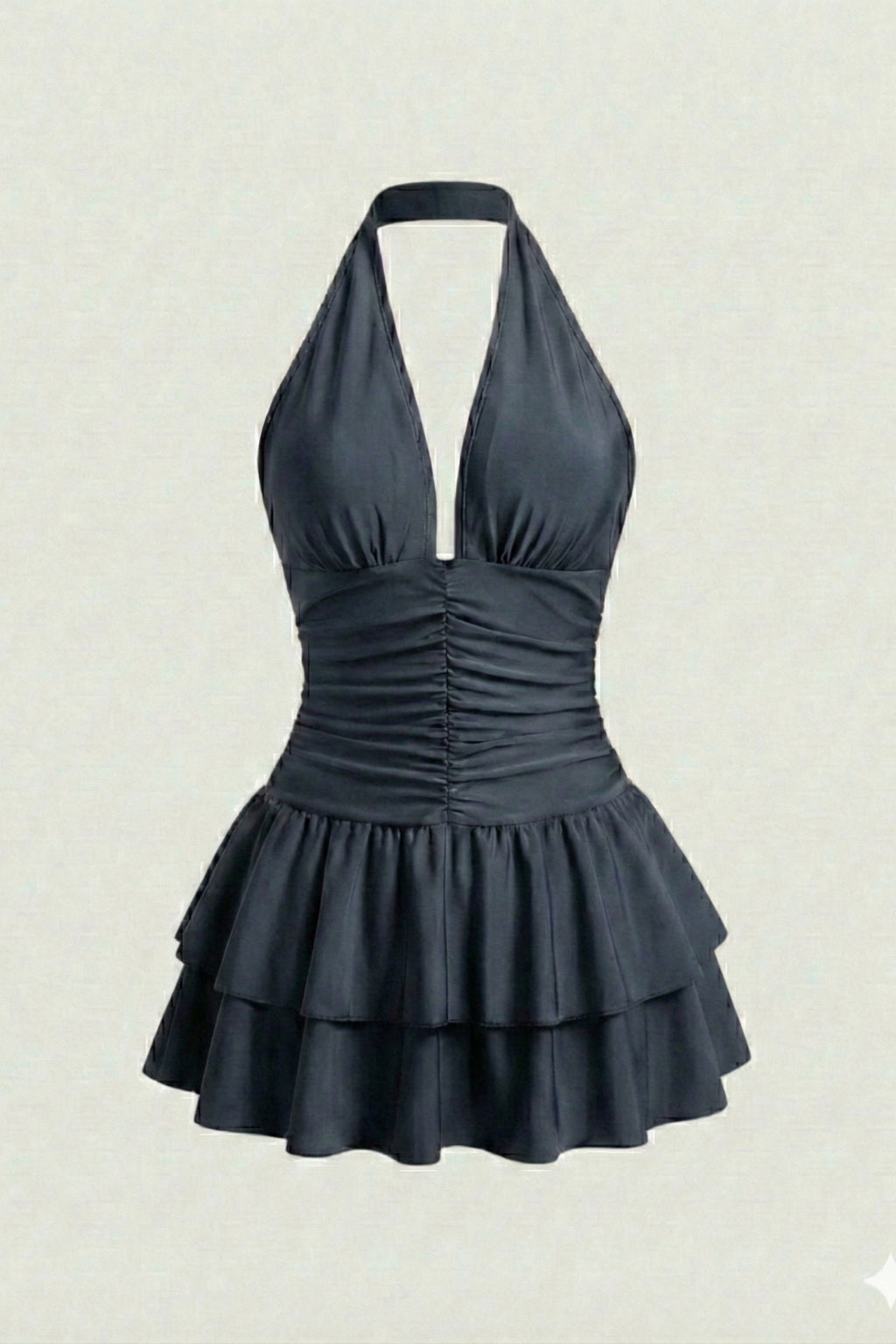 Halter Yaka Eteği Katlı Party Mini Elbise - Füme - Görsel 2