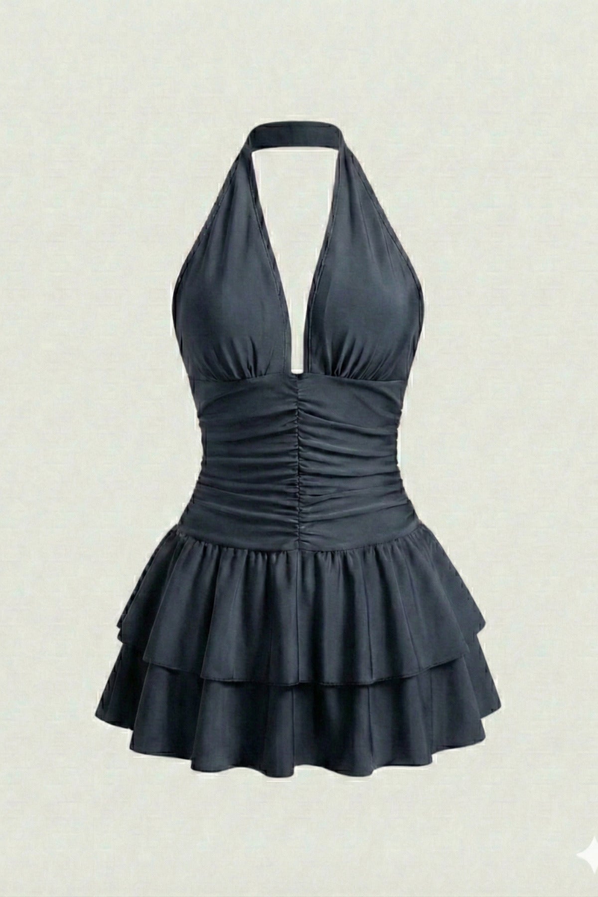 Halter Yaka Eteği Katlı Party Mini Elbise - Füme - Görsel 2