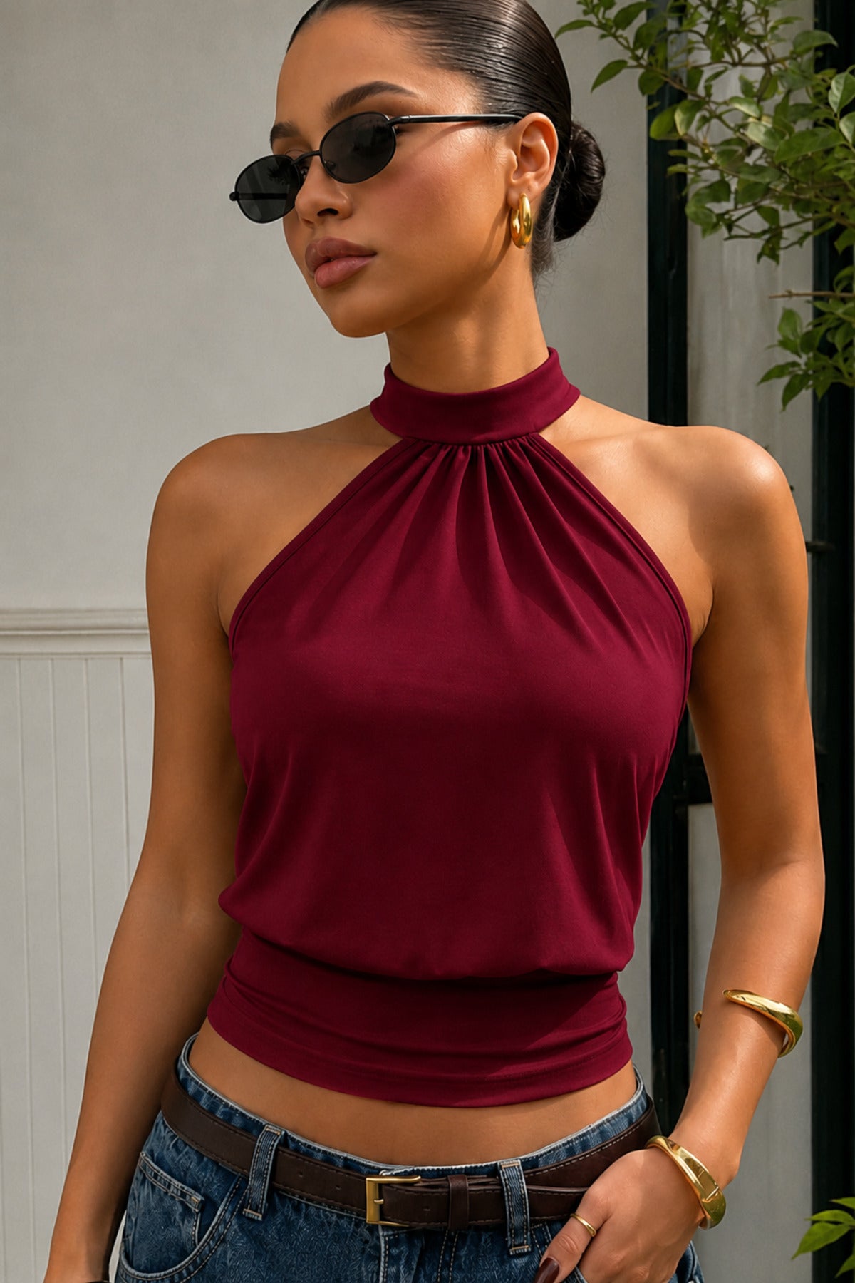Bele Oturan Bağcıklı Esnek Crop top bluz - Bordo - Görsel 3