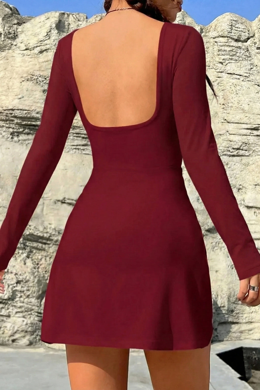 Geniş Yaka Şortlu Uzun Kollu Mini Elbise - Bordo - Görsel 2