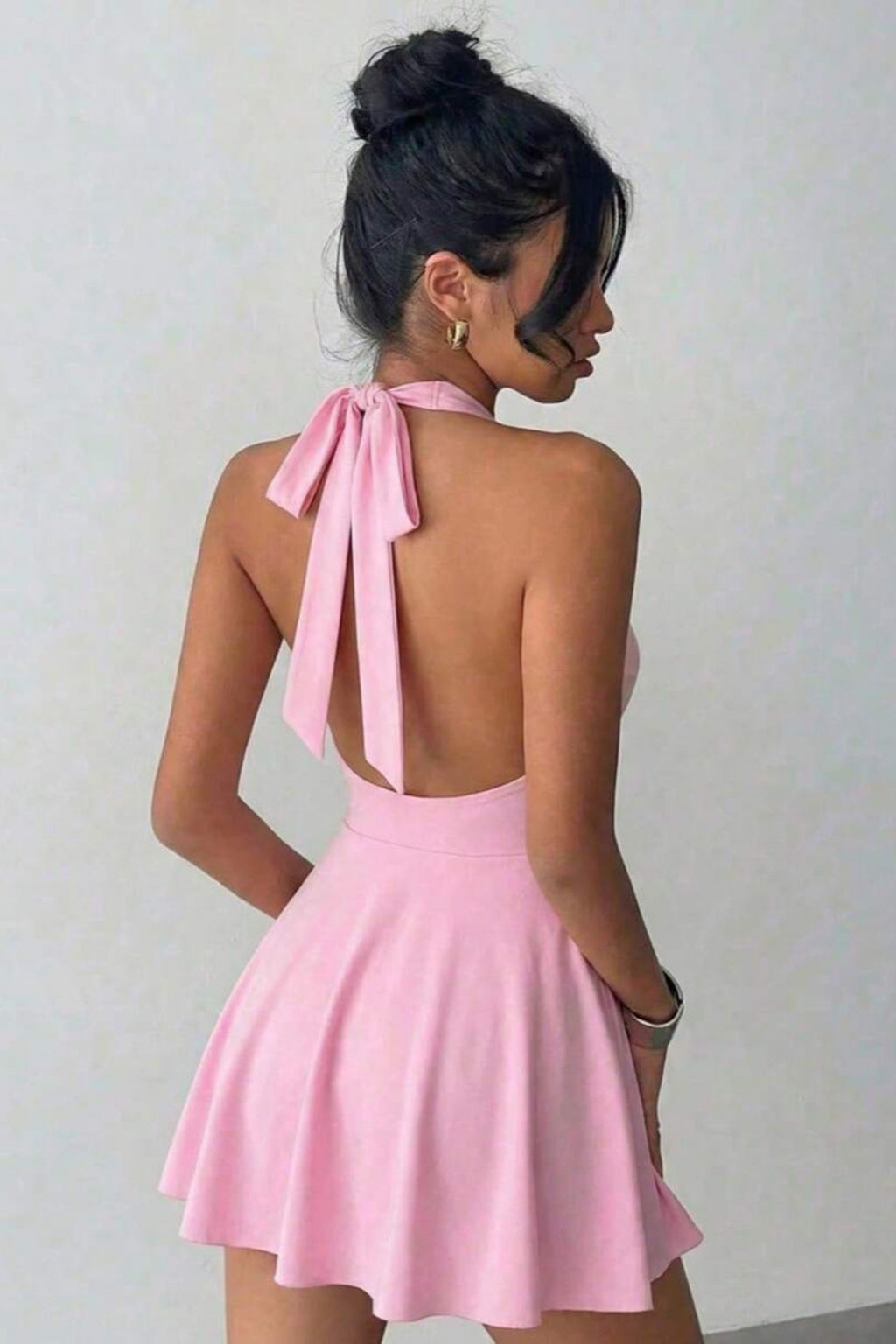 Halter Yaka Önü Çift Kat Şortlu Toparlayıcı Elbise - Pembe - Görsel 3