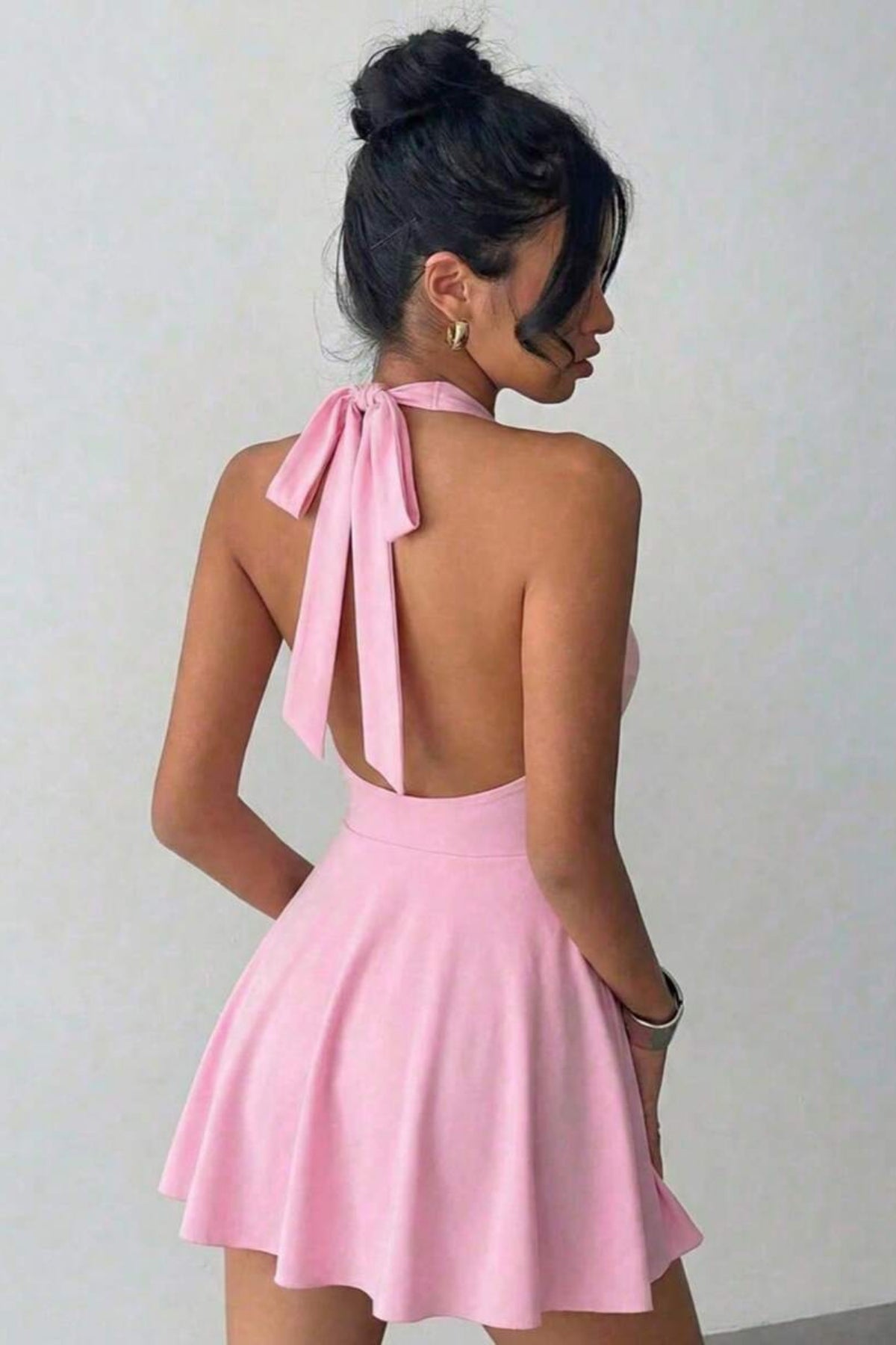 Halter Yaka Önü Çift Kat Şortlu Toparlayıcı Elbise - Pembe - Görsel 3