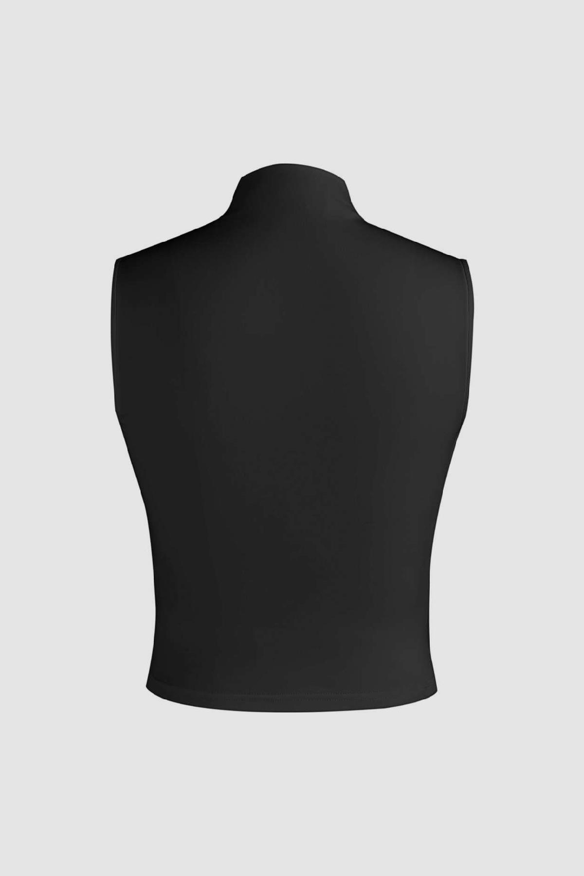 6071 Kolsuz Büzgülü Crop Bluz - Siyah