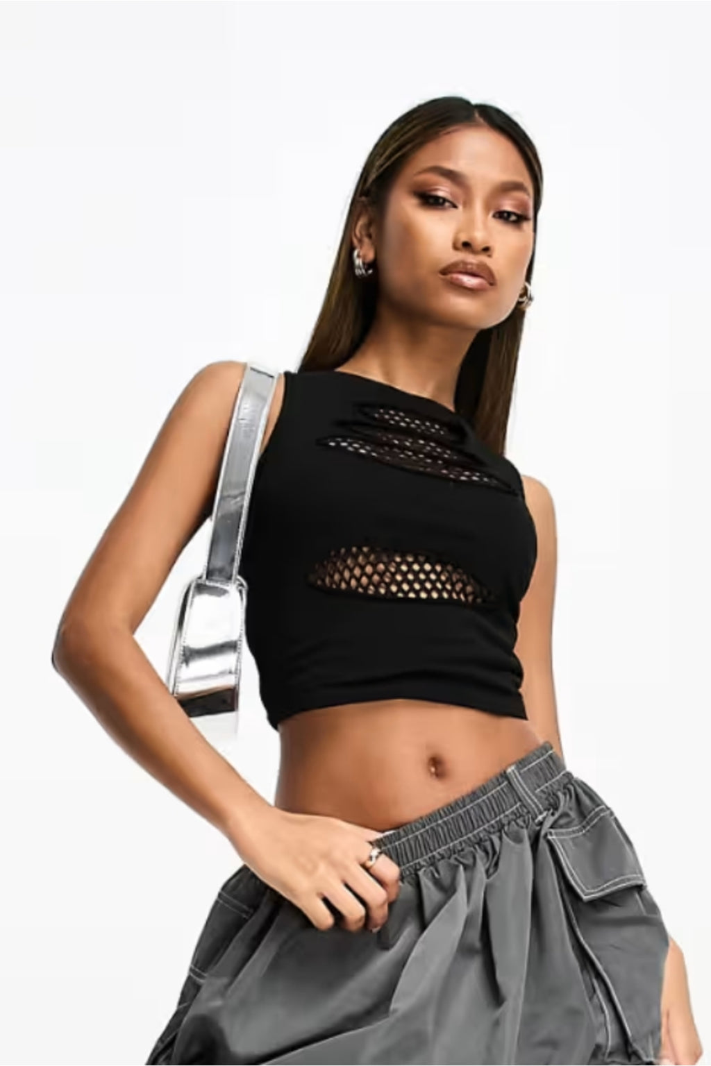 2663 İÇİ FİLE DETAYLI ESNEK CROP TOP BLUZ - Siyah - Görsel 3