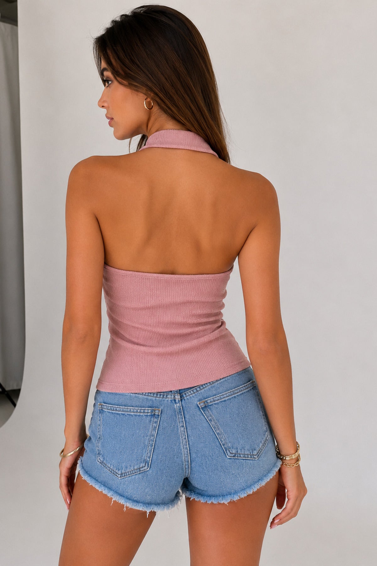 Degaje Yaka Crop Top Body - Fitilli Pudra - Görsel 2