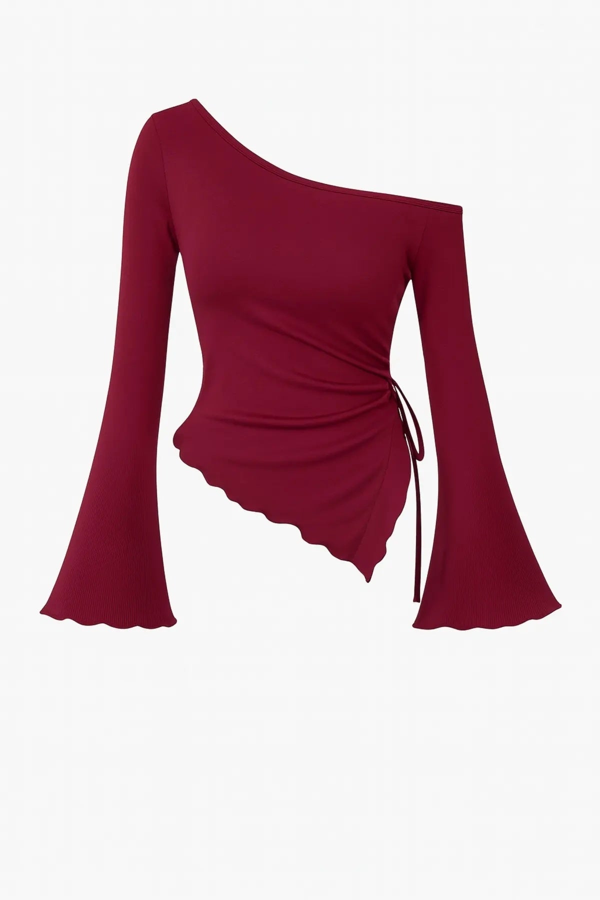 9130 ASİMETRİK YAKA YANI BÜZGÜLÜ ESNEK BLUZ - Bordo - Görsel 3