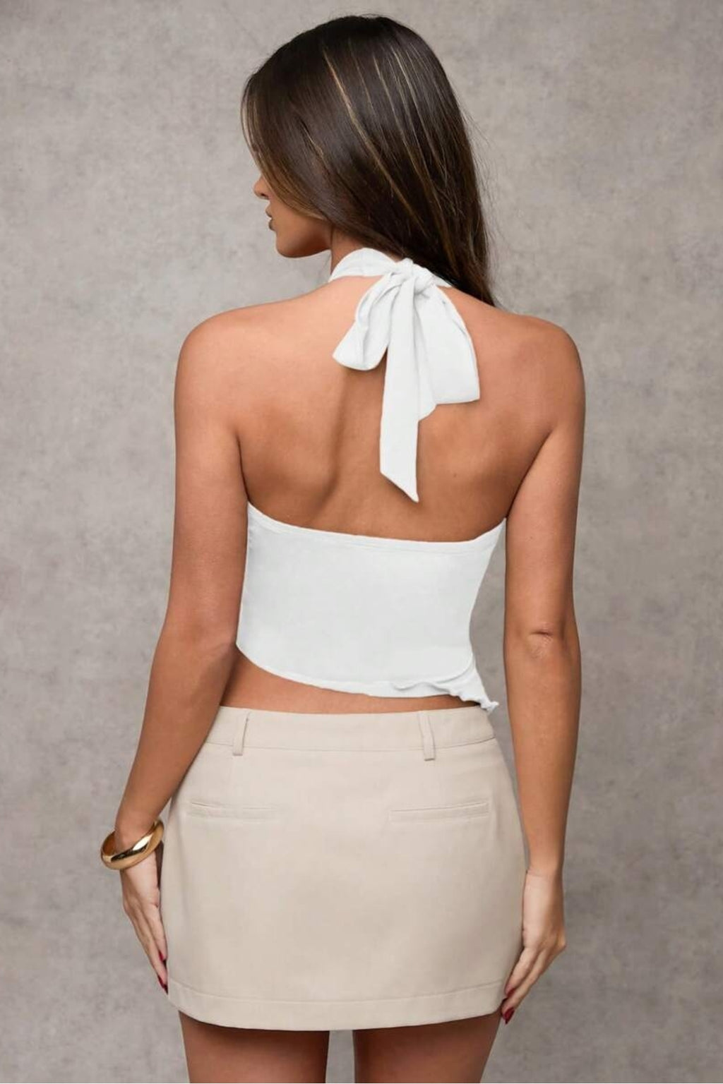 9100 Yanı Aksesuarlı Askılı Crop Bluz - Ekru - Görsel 3