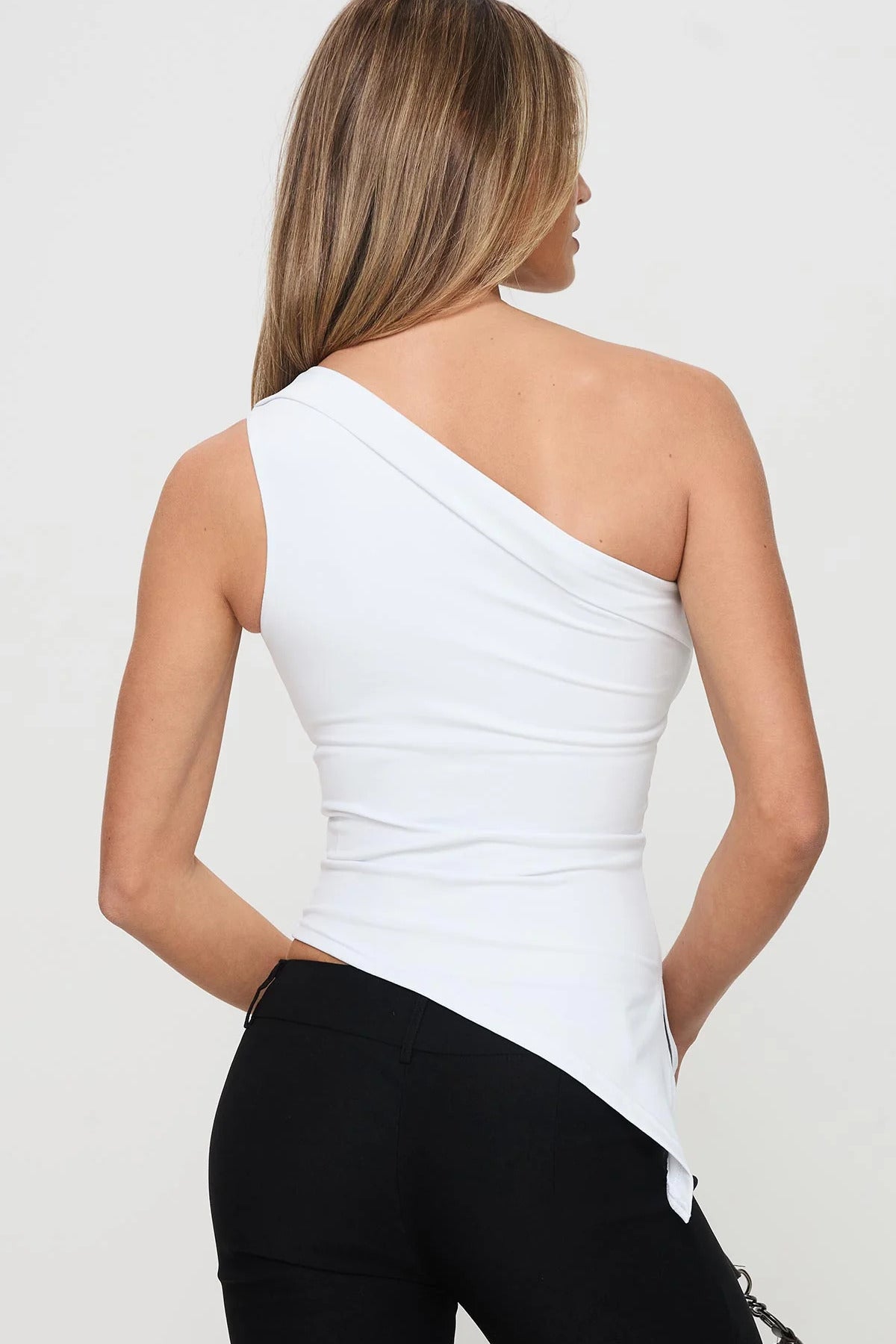 5058 ASİMETRİK ESNEK CROP TOP BLUZ - Ekru - Görsel 2