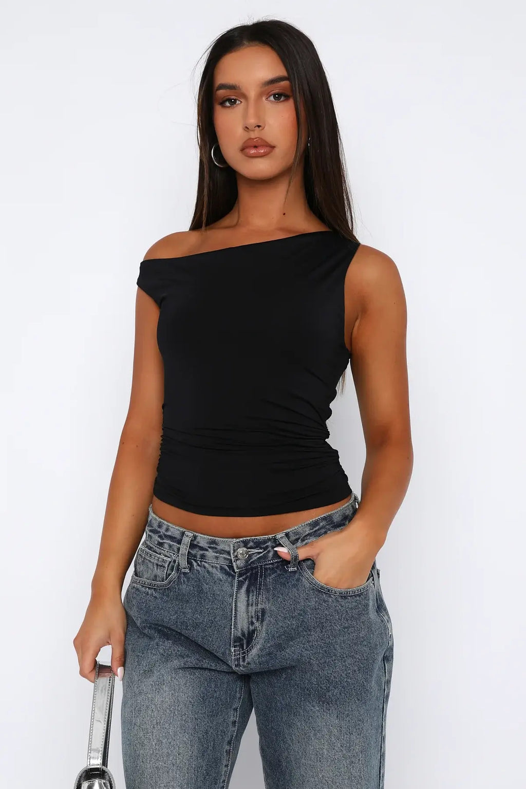 Düşük Omuz Esnek Crop Bluz - Siyah - Görsel 4