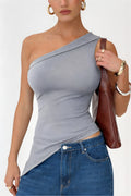 5058 ASİMETRİK ESNEK CROP TOP BLUZ - Gri - Görsel 1