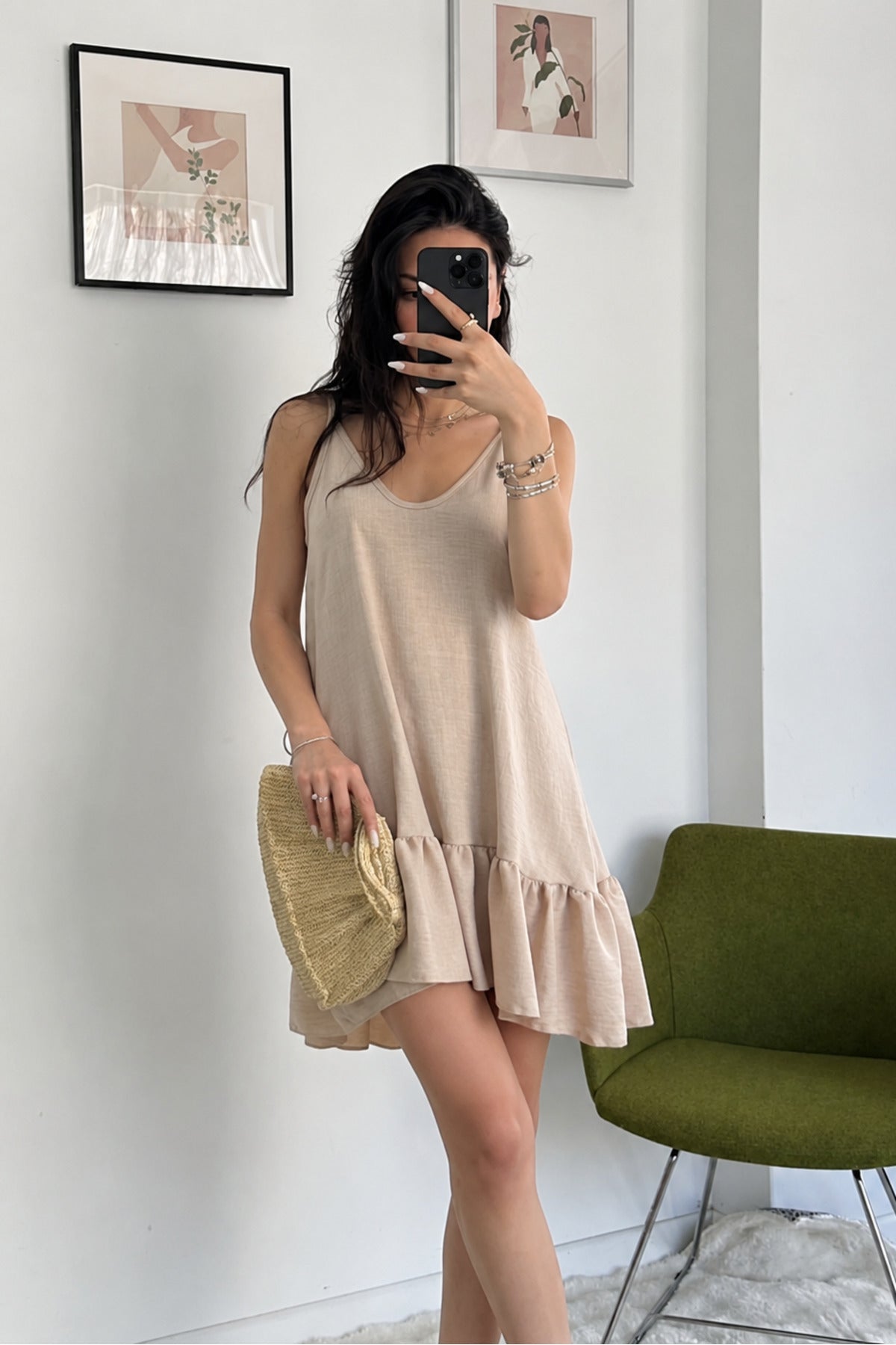 KETEN Look Kumaş DEKOLTESİ Ayarlanabilir Askılı DOKUMA Elbise - Bej - Görsel 4