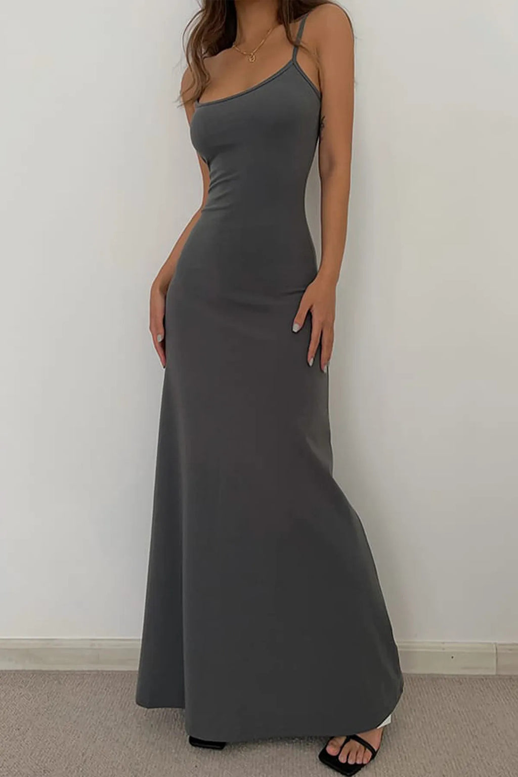 Askılı Uzun Maxi Elbiise - Füme - Görsel 3