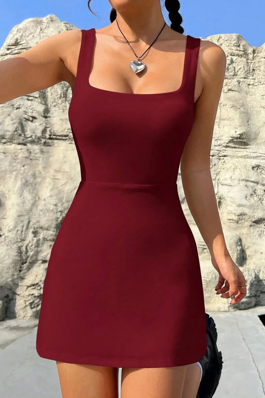 Askılı Kare Yaka Şortlu Mini Elbise - Bordo - Görsel 6