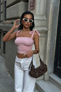 WFT5023B Fiyonklu Geniş Askılı Crop Bluz - Pembe - Görsel 1
