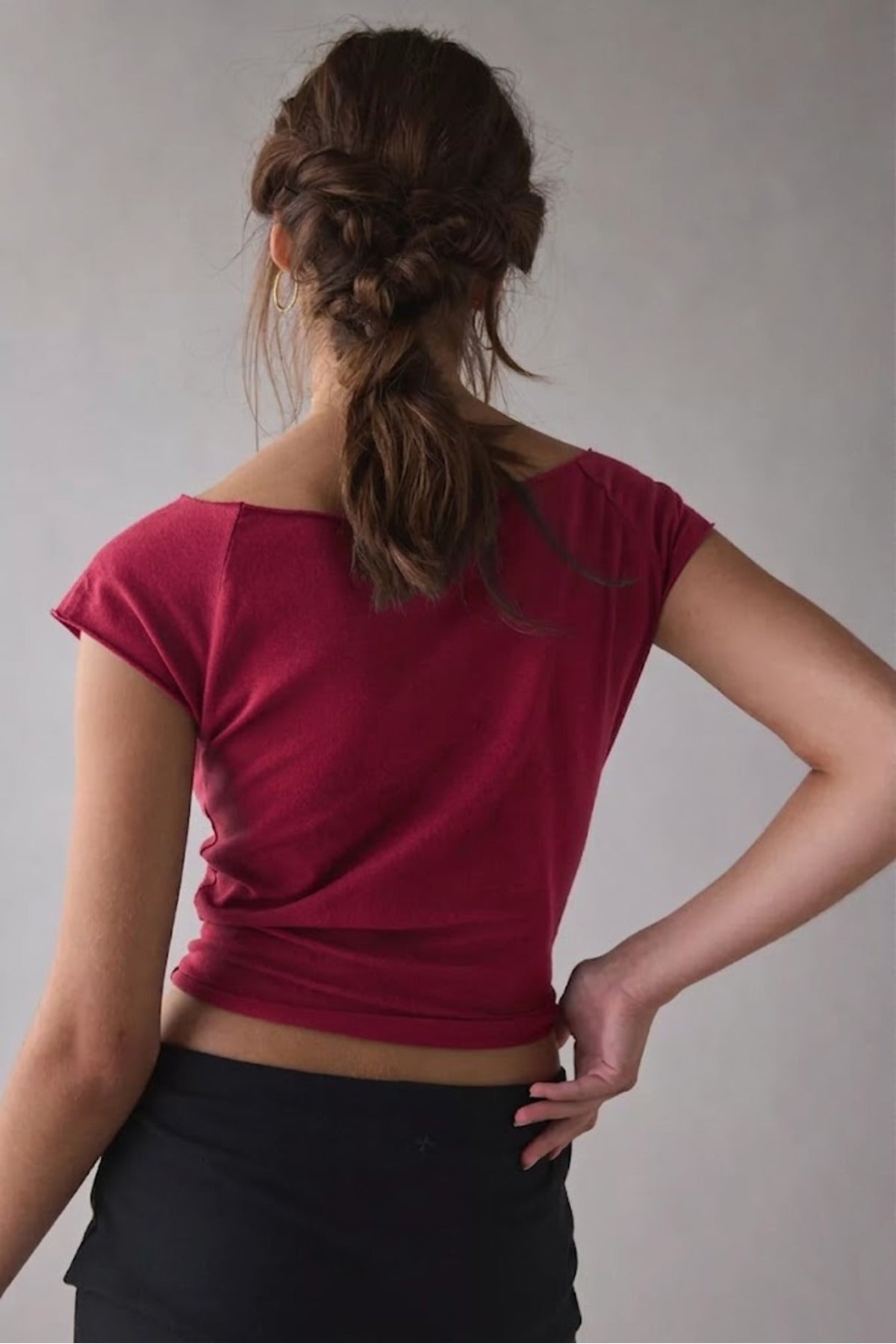 YENİ SEZON DOĞAL VİSKON ESNEK TSHİRT CROP - Bordo - Görsel 2