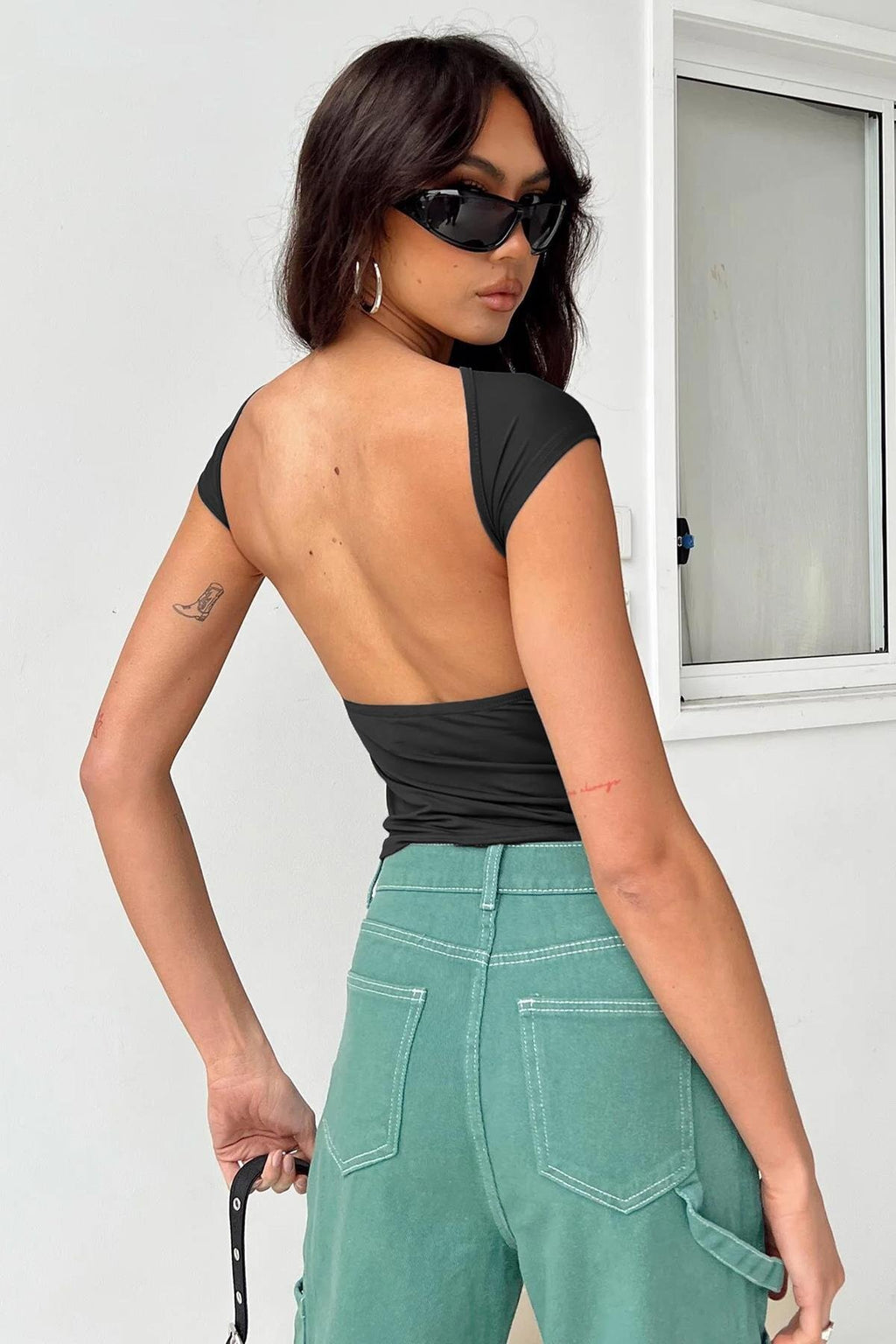 Sırt Dekolteli Crop Kadın Bluz - Siyah - Görsel 3