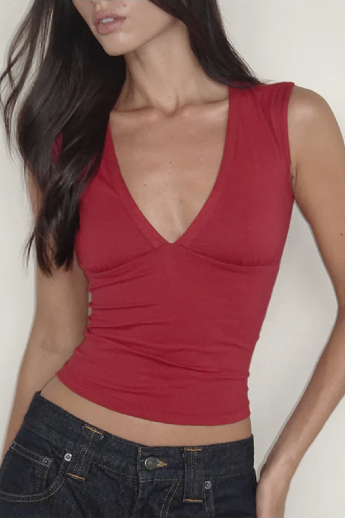 V Yaka Esnek Crop Top Bluz WFT8070B - Bordo - Görsel 4