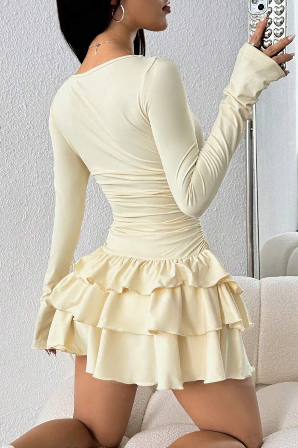 Eteği Kat Kat Volanlı Mini Elbise - Sarı - Görsel 2