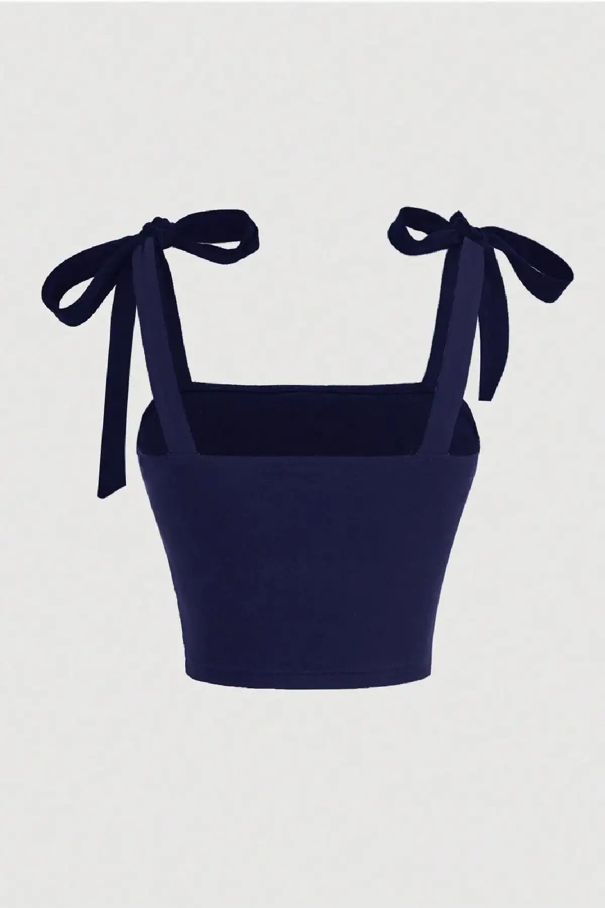 Fiyonklu Geniş Askılı Crop Bluz - LACİVERT - Görsel 2