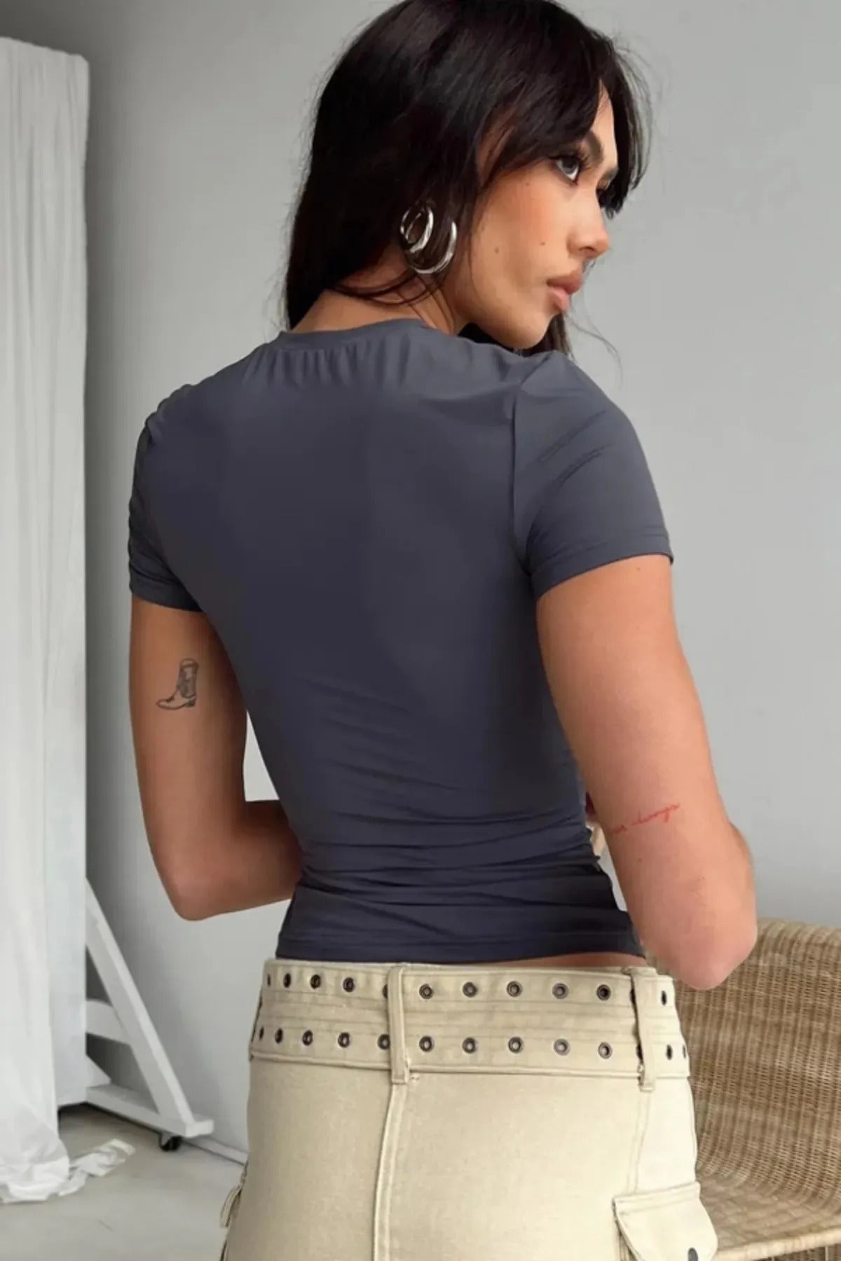 Bisiklet Yaka Basic Kısa Kollu Esnek Body - füme - Görsel 4