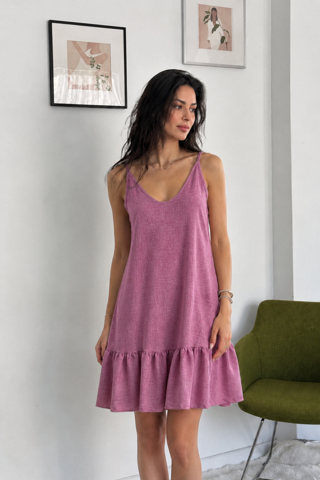 KETEN Look Kumaş DEKOLTESİ Ayarlanabilir Askılı DOKUMA Elbise - Pembe - Görsel 1