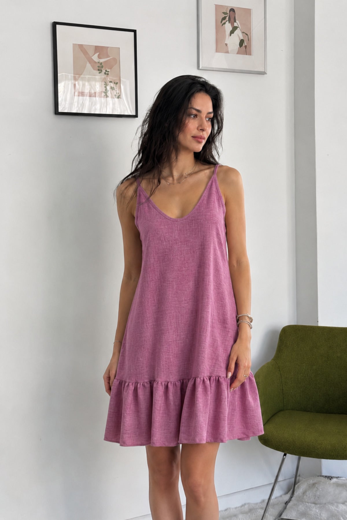 KETEN Look Kumaş DEKOLTESİ Ayarlanabilir Askılı DOKUMA Elbise - Pembe - Görsel 1