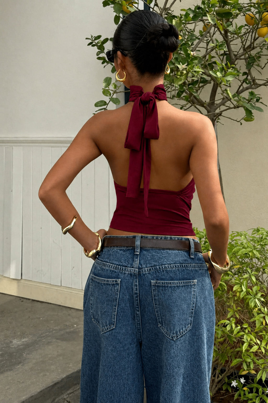 Bele Oturan Bağcıklı Esnek Crop top bluz - Bordo - Görsel 5