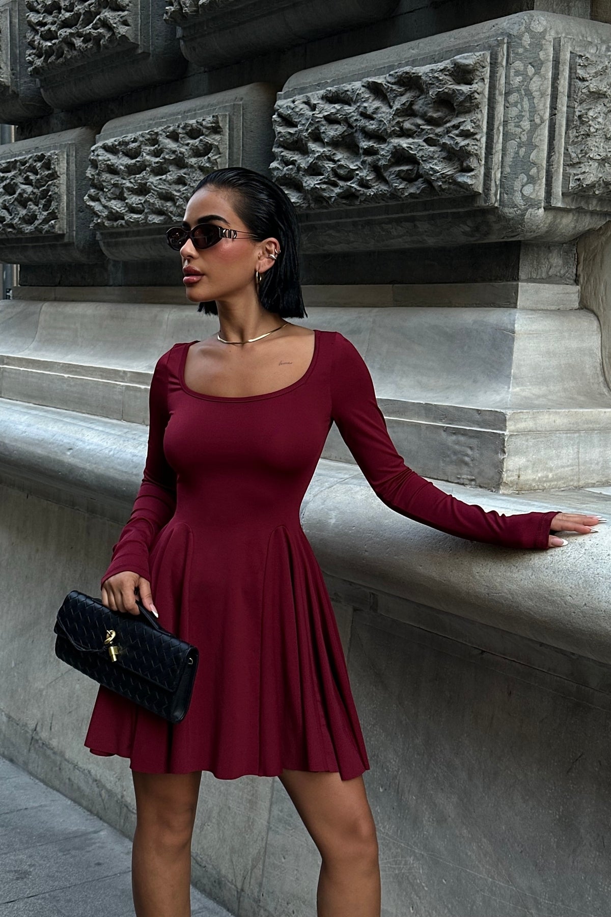 Kare Yaka Uzun Kollu Mini Elbise - Bordo - Görsel 2