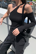 1508 Tek Kol Crop Bluz - Siyah - Görsel 1