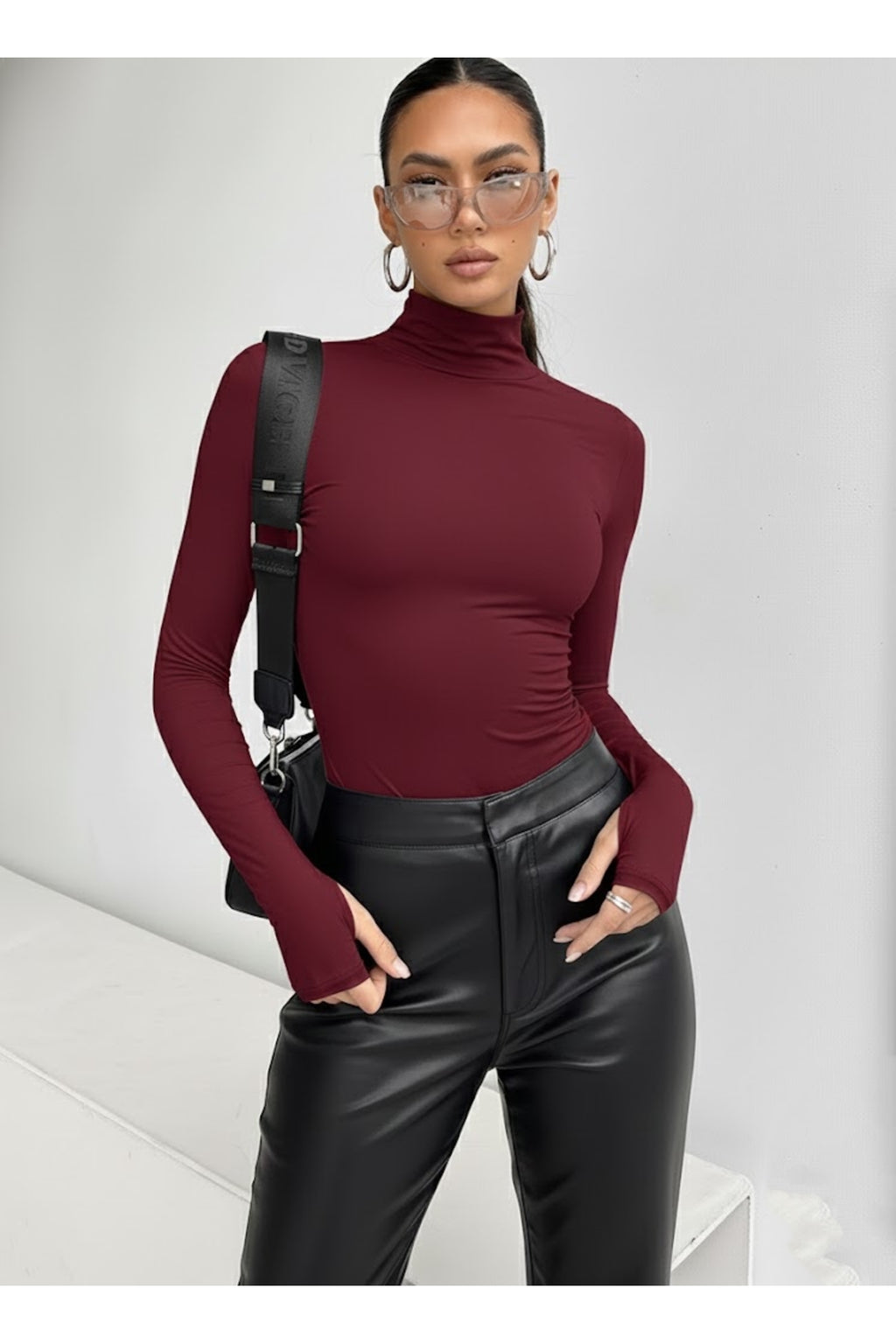 Balıkçı Yaka Parmak Detaylı Bluz - Bordo - Görsel 2