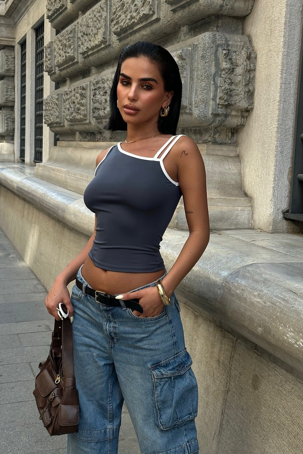 Tek Omuz Çift Askılı Esnek Crop Bluz - FÜME - Görsel 2