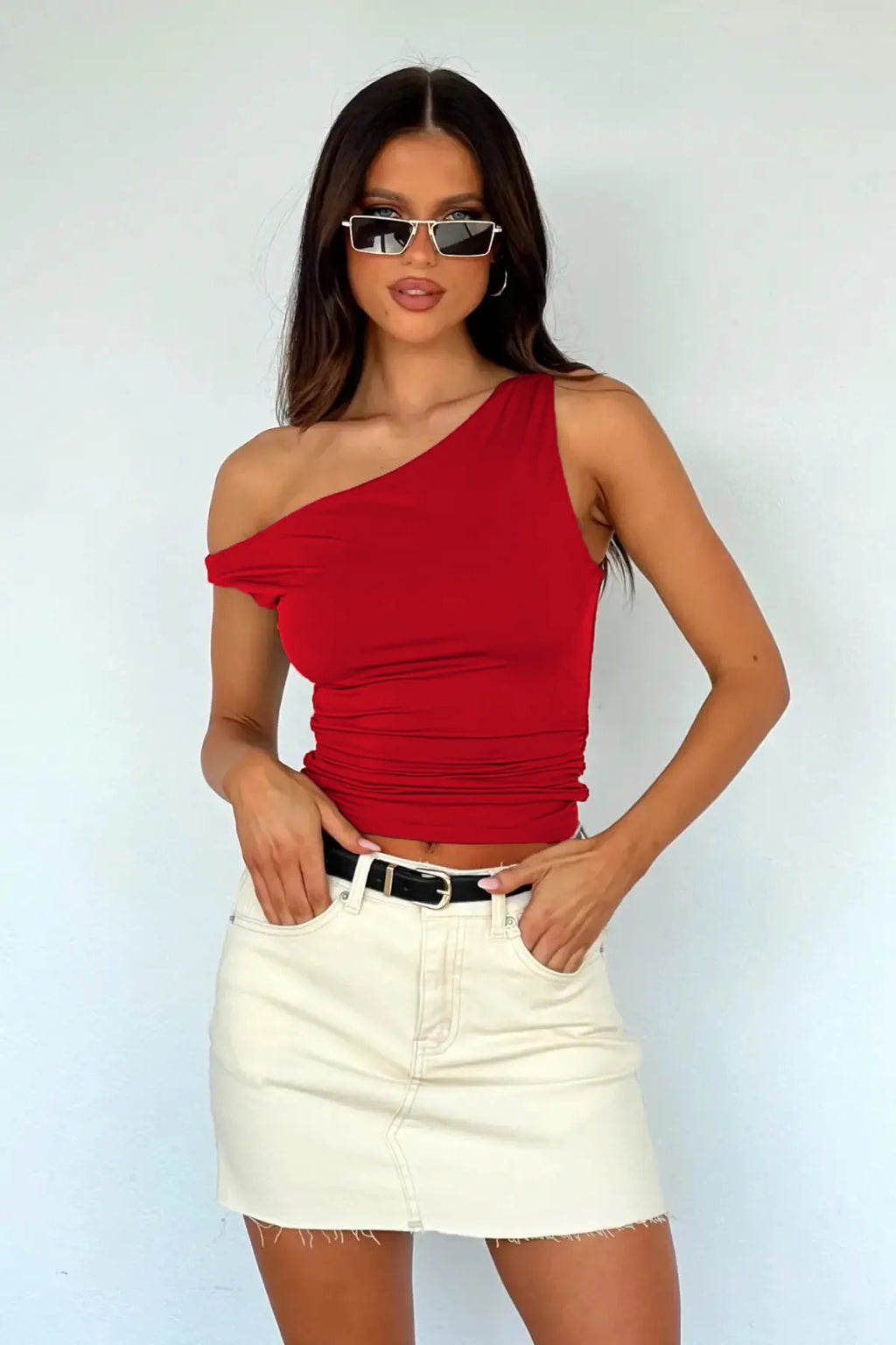 Düşük Omuz Esnek Crop Bluz - Kırmızı - Görsel 1