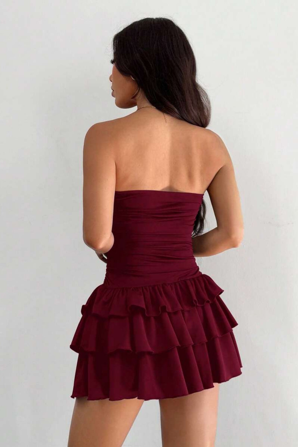 Straplez Eteği Kat Kat Volanlı Şortlu Mini Elbise - Bordo - Görsel 5