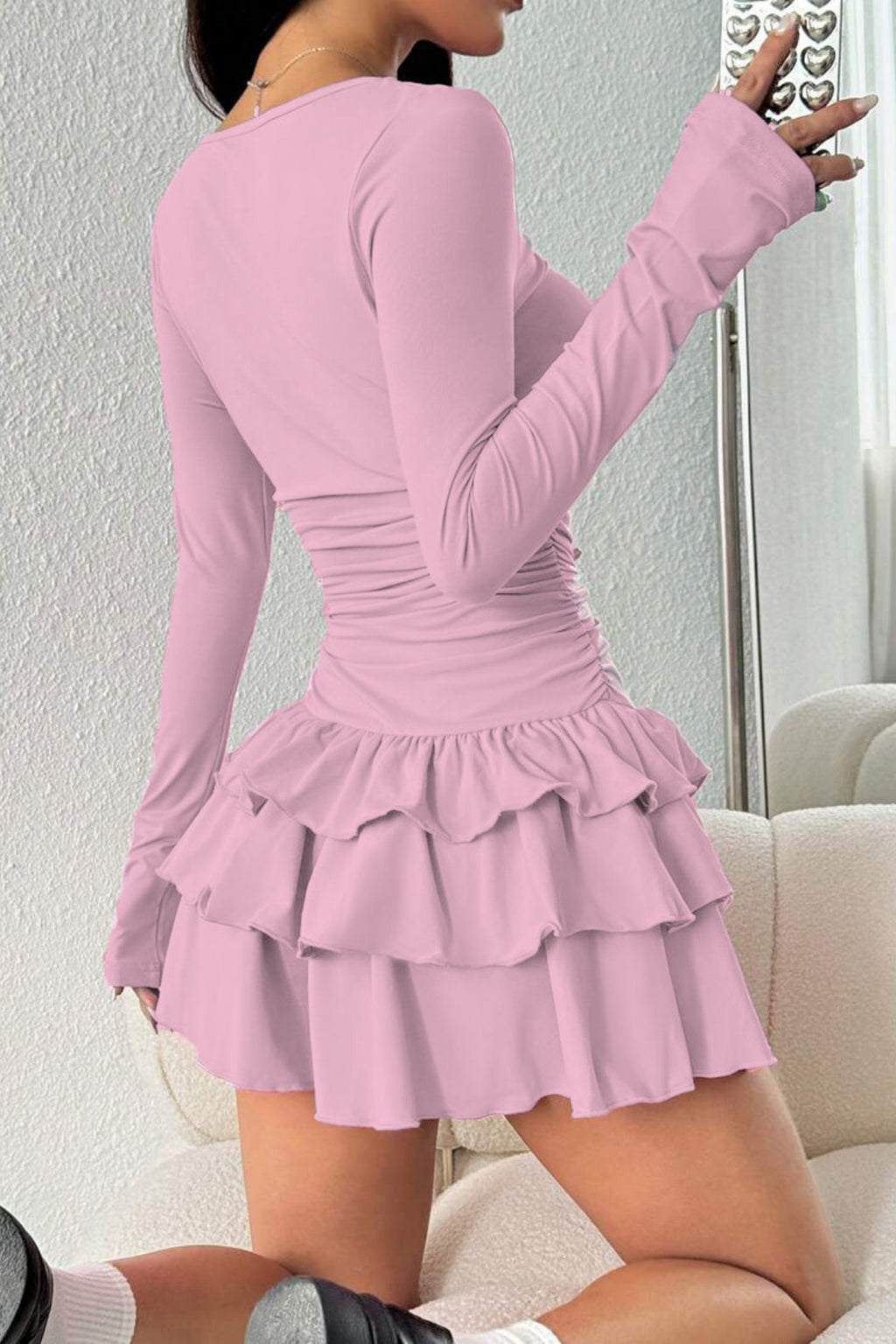 Eteği Kat Kat Volanlı Mini Elbise - Pembe - Görsel 3