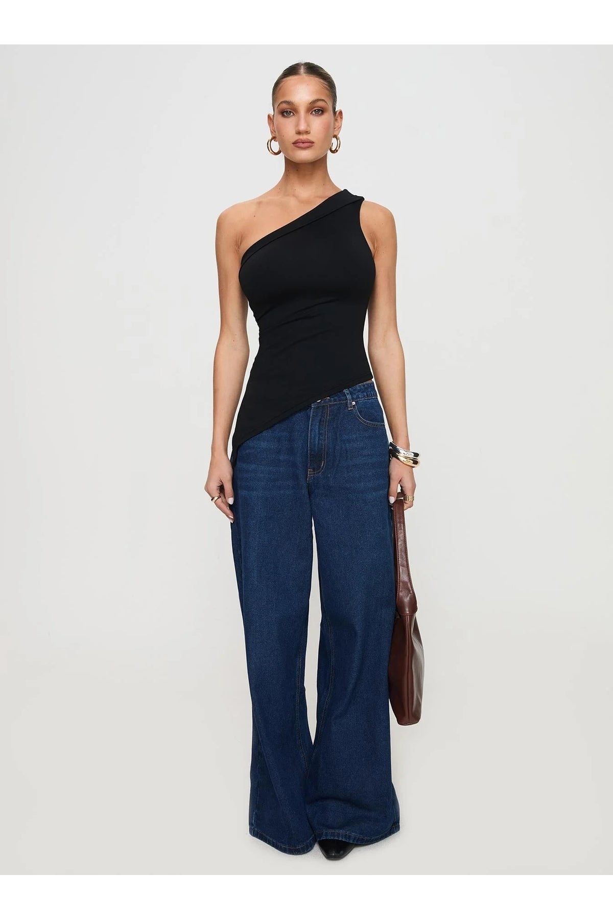 5058 ASİMETRİK ESNEK CROP TOP BLUZ - Siyah - Görsel 7