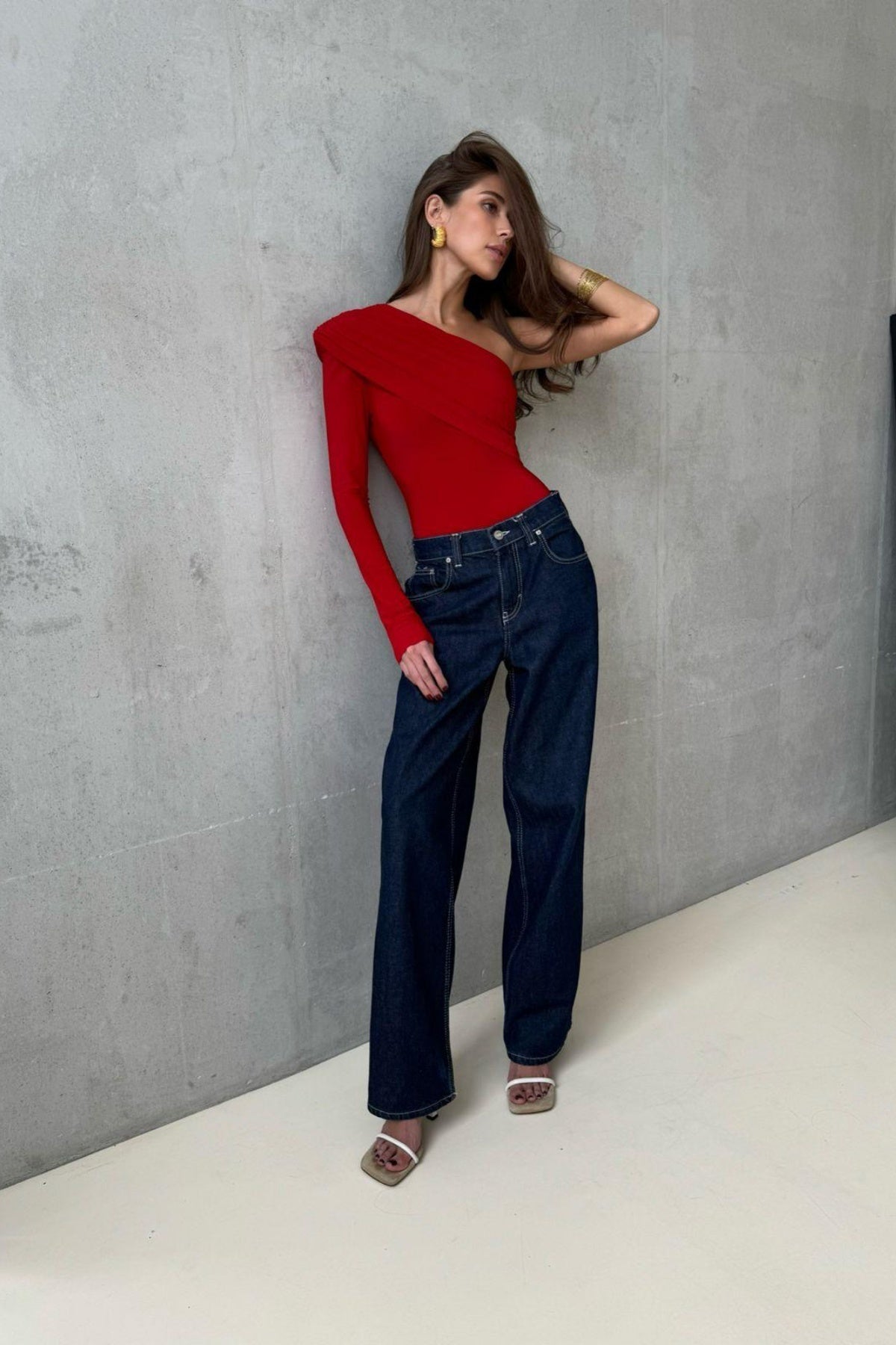 WFT5009 Tek Kol Büzgü Detaylı Bodysuit - Kırmızı - Görsel 3