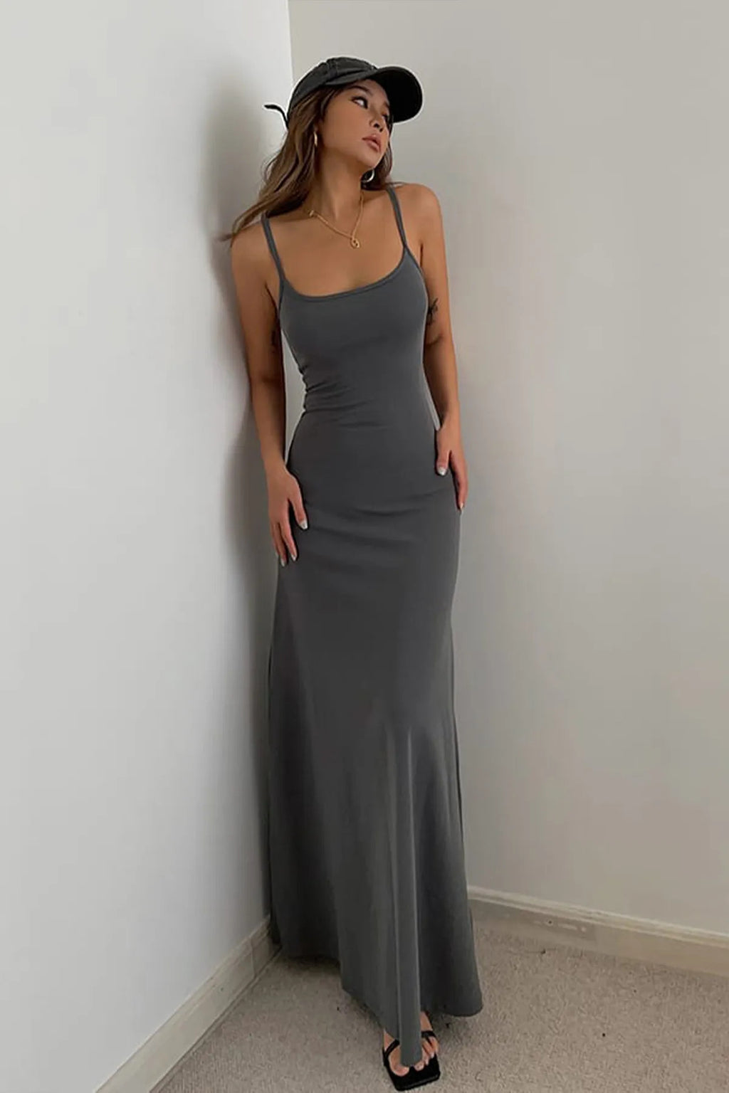 Askılı Uzun Maxi Elbiise - Füme - Görsel 4